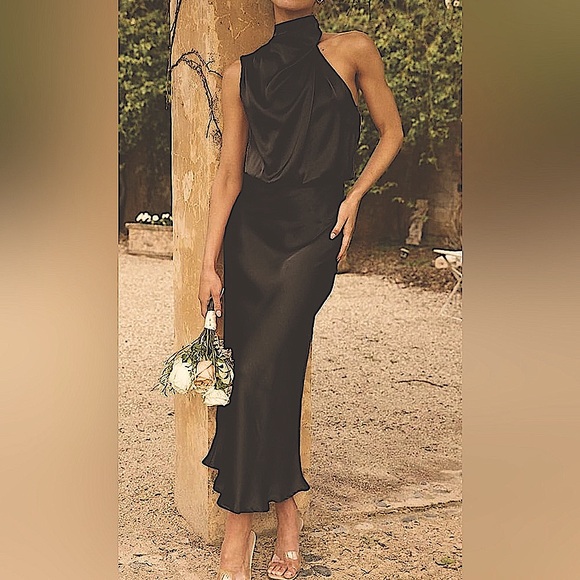 Amazon Dresses & Skirts - BTFBM Black Satin, Maxi Cocktail Dress, high-neck, Size:M, NWT w. extra button